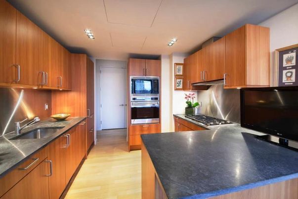 Interior, Kitchen, Recessed Lighting, Stainless Steel Appliances, Wood Texture Flooring