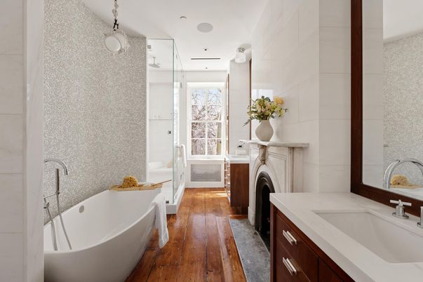 Bathroom, Dual Sink Vanities, Fireplace, Free Standing Baths, Interior, Pendant Lights, Wood Texture Flooring