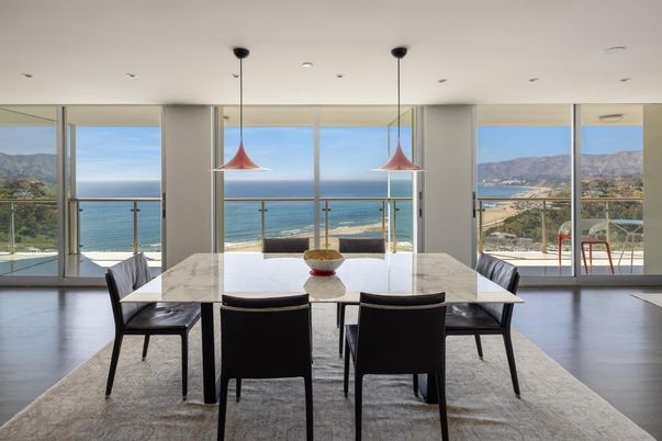 Dining room, Interior, Pendant Lights, Recessed Lighting, Water, Wood Texture Flooring