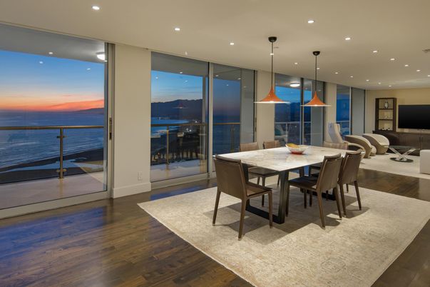 Dining room, Interior, Pendant Lights, Recessed Lighting, Water, Wood Texture Flooring