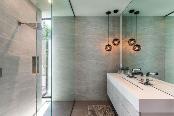 Bathroom, Glass Shower, Interior, Pendant Lights, Recessed Lighting