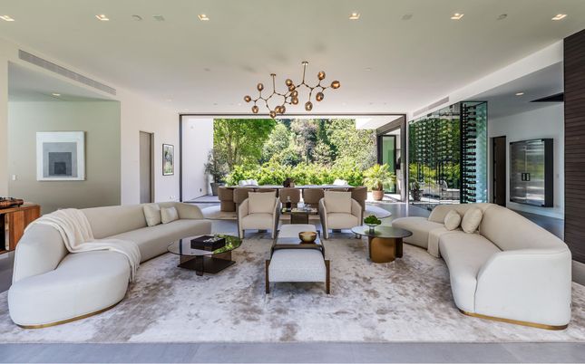 Interior, Living room, Pendant Lights, Recessed Lighting, Wood Texture Flooring