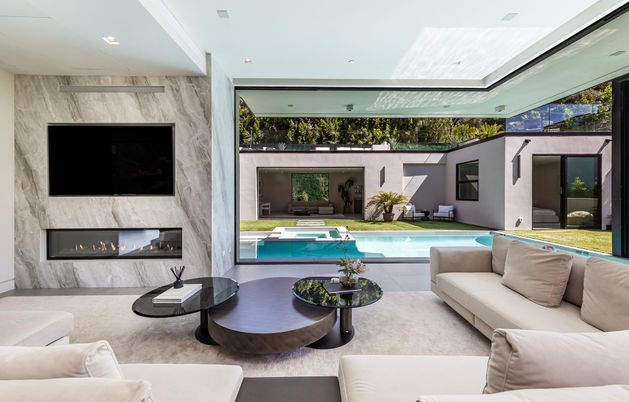 Fireplace, Interior, Living room, Pool, Recessed Lighting