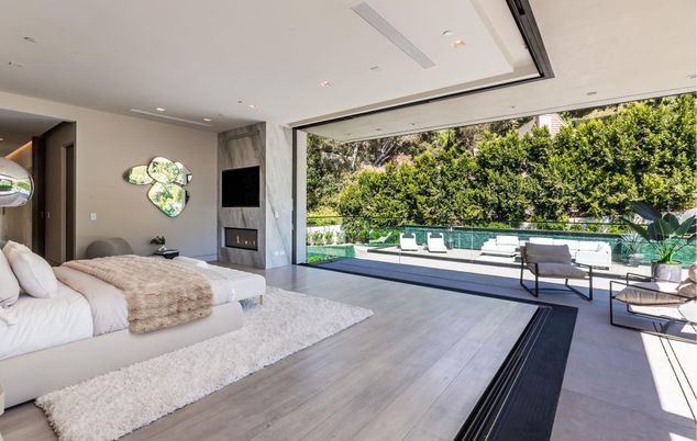 Bedroom, Fireplace, Interior, Recessed Lighting, Wood Texture Flooring