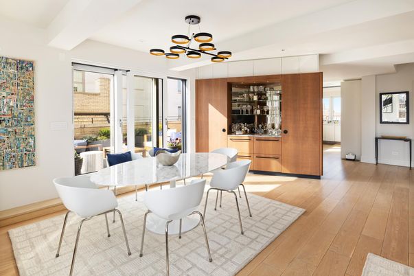 Dining room, Interior, Pendant Lights, Wood Texture Flooring