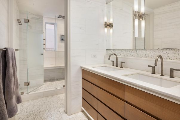 Bathroom, Dual Sink Vanities, Glass Shower, Interior, Marble Walls
