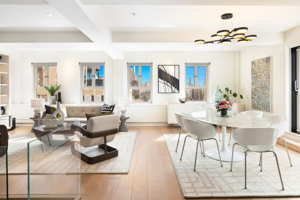 Dining room, Interior, Living room, Pendant Lights, Recessed Lighting, Wood Texture Flooring