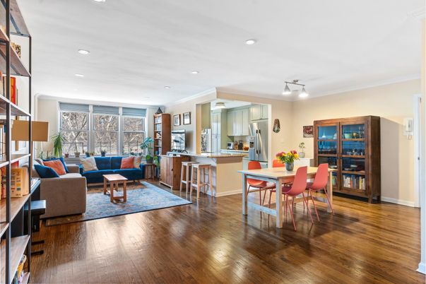 Dining room, Interior, Kitchen, Living room, Recessed Lighting, Wood Texture Flooring