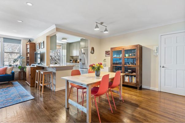 Dining room, Interior, Kitchen, Recessed Lighting, Stainless Steel Appliances, Wood Texture Flooring