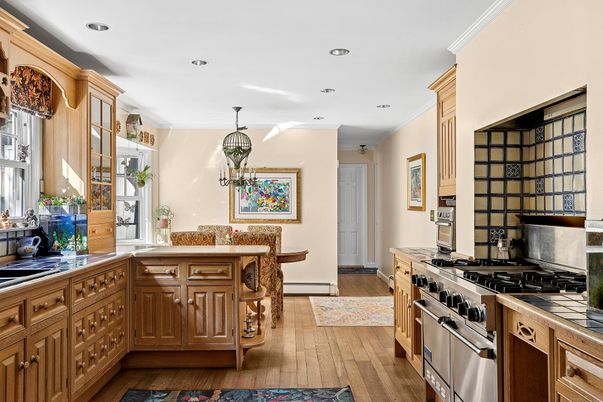 Chandelier, Interior, Kitchen, Pendant Lights, Recessed Lighting, Stainless Steel Appliances, Wood Texture Flooring