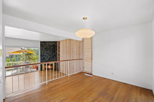 Empty room, Fireplace, Interior, Pendant Lights, Wood Texture Flooring