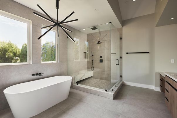 Bathroom, Free Standing Baths, Glass Shower, Interior, Recessed Lighting