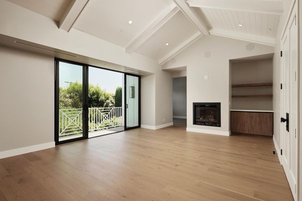 Empty room, Fireplace, Interior, Recessed Lighting, Wood Texture Flooring