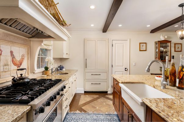 Interior, Kitchen, Pendant Lights, Recessed Lighting, Stainless Steel Appliances, Wooden Beams