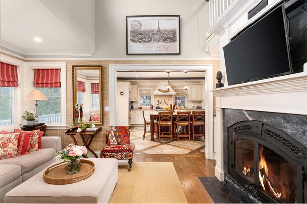 Dining room, Fireplace, Interior, Living room, Pendant Lights, Recessed Lighting, Wood Texture Flooring