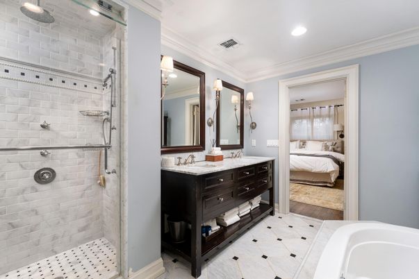 Bathroom, Bedroom, Dual Sink Vanities, Glass Shower, Interior, Recessed Lighting, Wood Texture Flooring