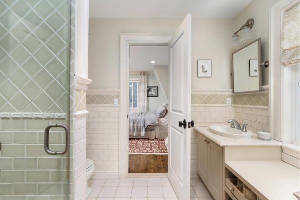 Bathroom, Glass Shower, Interior, Recessed Lighting, Wood Texture Flooring