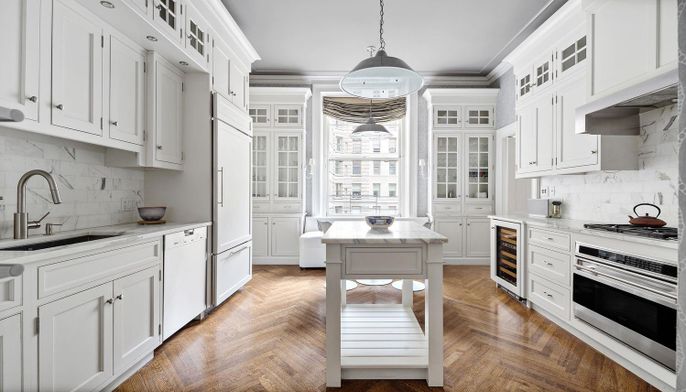 Interior, Kitchen, Marble Walls, Pendant Lights, Stainless Steel Appliances, Wood Texture Flooring