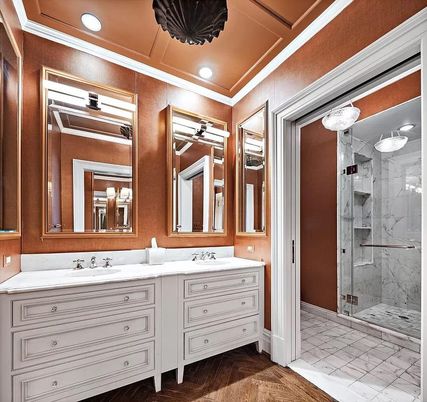 Bathroom, Dual Sink Vanities, Glass Shower, Interior, Marble Walls, Recessed Lighting, Wood Texture Flooring