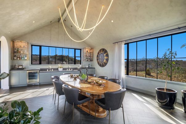 Dining room, Interior, Pendant Lights, Recessed Lighting, Wood Texture Flooring