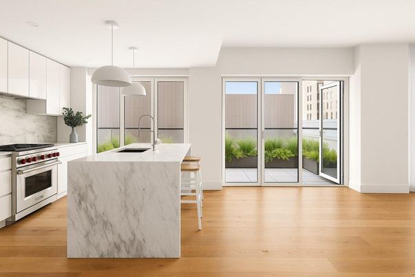 Interior, Kitchen, Marble Walls, Pendant Lights, Stainless Steel Appliances, Wood Texture Flooring