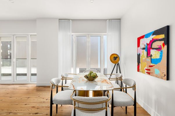 Dining room, Interior, Recessed Lighting, Wood Texture Flooring