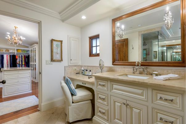 Bathroom, Chandelier, Dual Sink Vanities, Interior, Recessed Lighting, Wood Texture Flooring