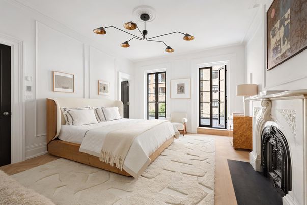Bedroom, Fireplace, Interior, Pendant Lights, Wood Texture Flooring