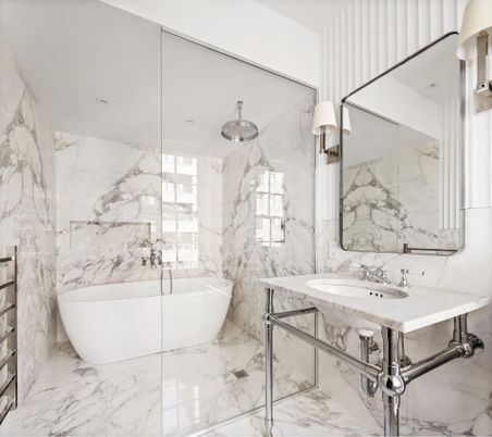 Bathroom, Free Standing Baths, Glass Shower, Interior, Marble, Marble Walls