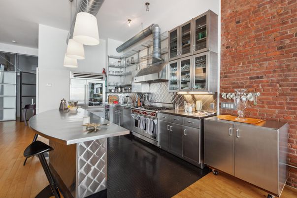 Interior, Kitchen, Pendant Lights, Stainless Steel Appliances, Stone Walls, Wood Texture Flooring