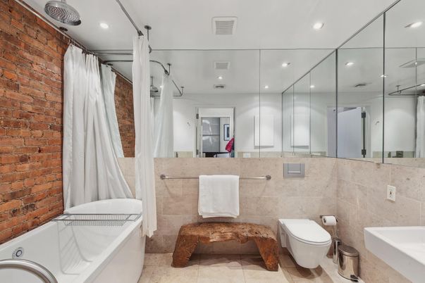 Bathroom, Free Standing Baths, Interior, Recessed Lighting, Stone Walls