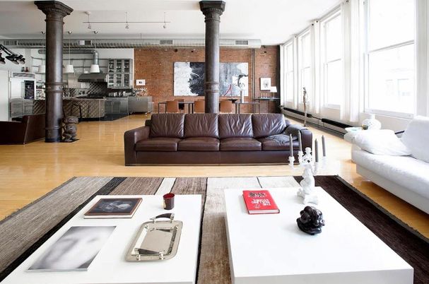 Interior, Kitchen, Living room, Pendant Lights, Stainless Steel Appliances, Stone Walls, Wood Texture Flooring