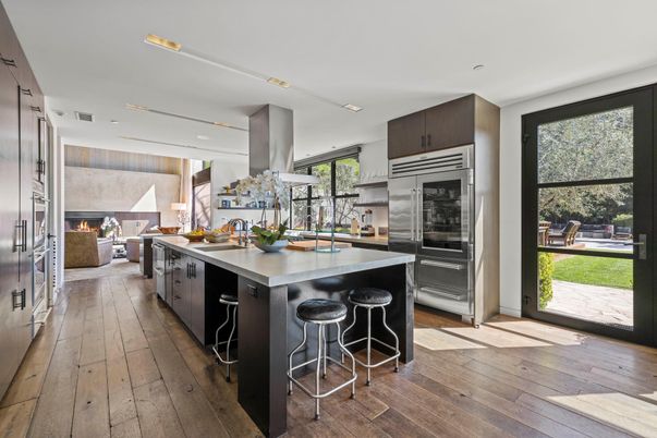 Fireplace, Interior, Kitchen, Recessed Lighting, Stainless Steel Appliances, Wood Texture Flooring