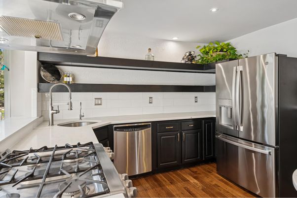 Interior, Kitchen, Recessed Lighting, Stainless Steel Appliances, Wood Texture Flooring