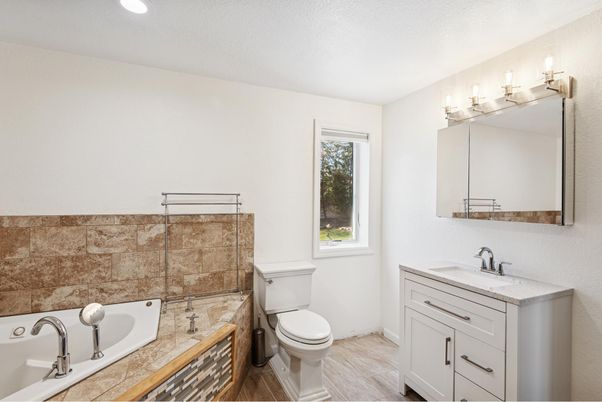 Bathroom, Dual Sink Vanities, Interior, Recessed Lighting, Wood Texture Flooring