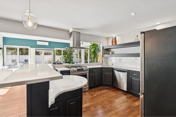 Interior, Kitchen, Pendant Lights, Recessed Lighting, Stainless Steel Appliances, Wood Texture Flooring