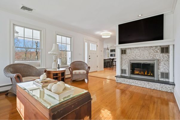 Fireplace, Interior, Living room, Recessed Lighting, Wood Texture Flooring