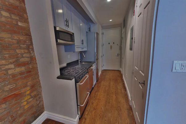 Interior, Kitchen, Recessed Lighting, Stone Walls, Wood Texture Flooring