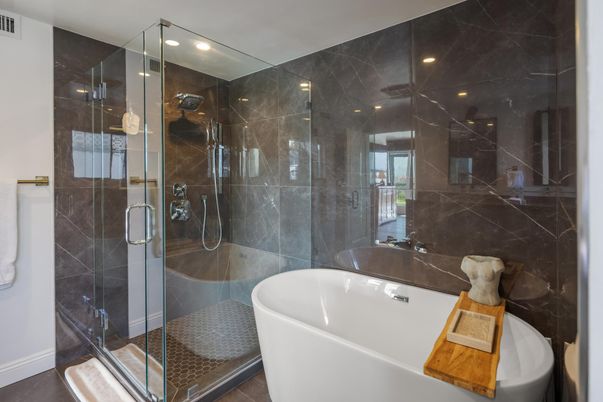 Bathroom, Free Standing Baths, Glass Shower, Interior, Recessed Lighting