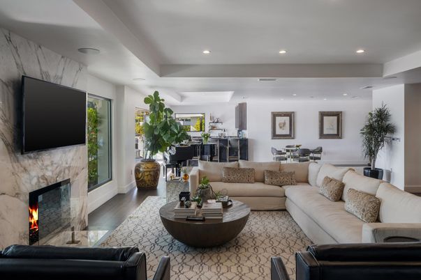 Dining room, Fireplace, Interior, Living room, Marble Walls, Recessed Lighting, Wood Texture Flooring