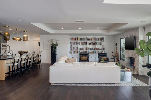 Dining room, Fireplace, Interior, Living room, Pendant Lights, Recessed Lighting, Wood Texture Flooring