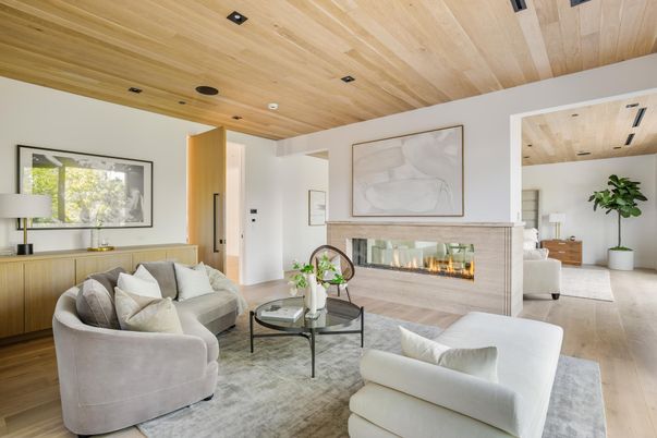 Fireplace, Interior, Living room, Recessed Lighting, Wooden Ceilings, Wood Texture Flooring