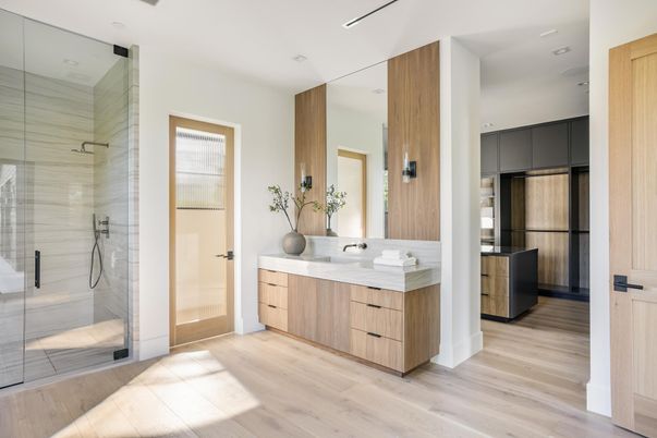 Bathroom, Dual Sink Vanities, Glass Shower, Interior, Recessed Lighting, Wood Texture Flooring