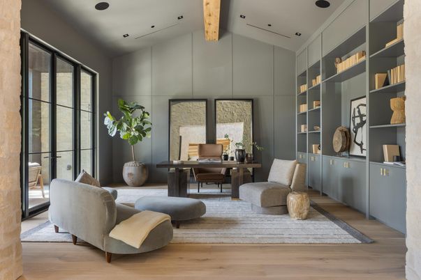Home Office, Interior, Recessed Lighting, Wooden Beams, Wood Texture Flooring
