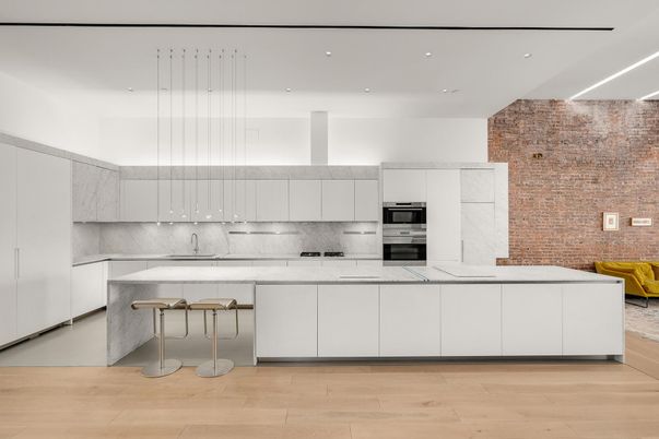 Interior, Kitchen, Pendant Lights, Recessed Lighting, Stainless Steel Appliances, Stone Walls, Wood Texture Flooring