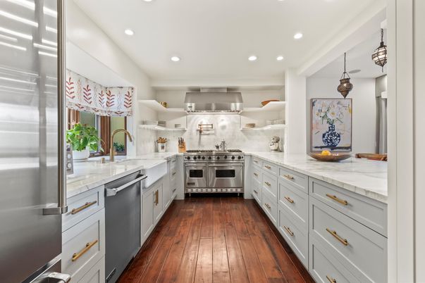 Interior, Kitchen, Pendant Lights, Recessed Lighting, Stainless Steel Appliances, Wood Texture Flooring