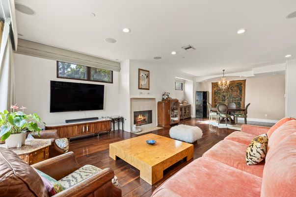 Chandelier, Dining room, Fireplace, Interior, Living room, Recessed Lighting, Wood Texture Flooring