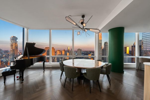 Dining room, Interior, Pendant Lights, Piano, Wood Texture Flooring