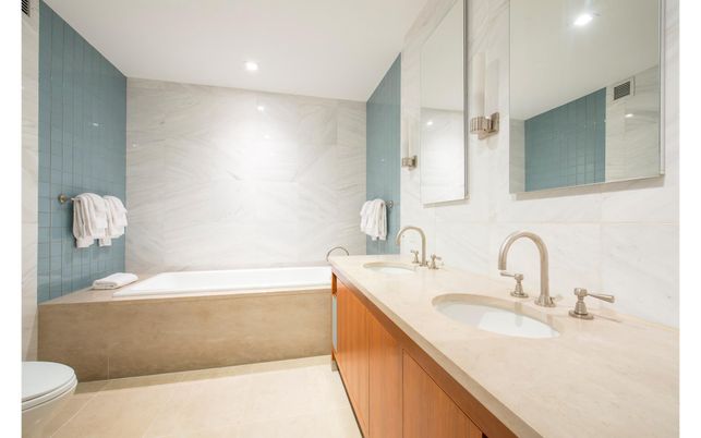 Bathroom, Dual Sink Vanities, Interior, Marble Walls, Recessed Lighting