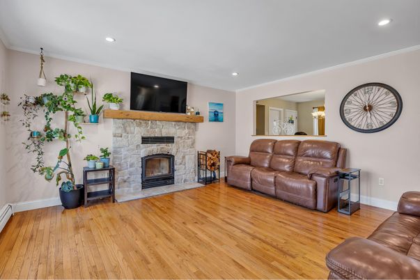 Fireplace, Interior, Living room, Recessed Lighting, Wood Texture Flooring